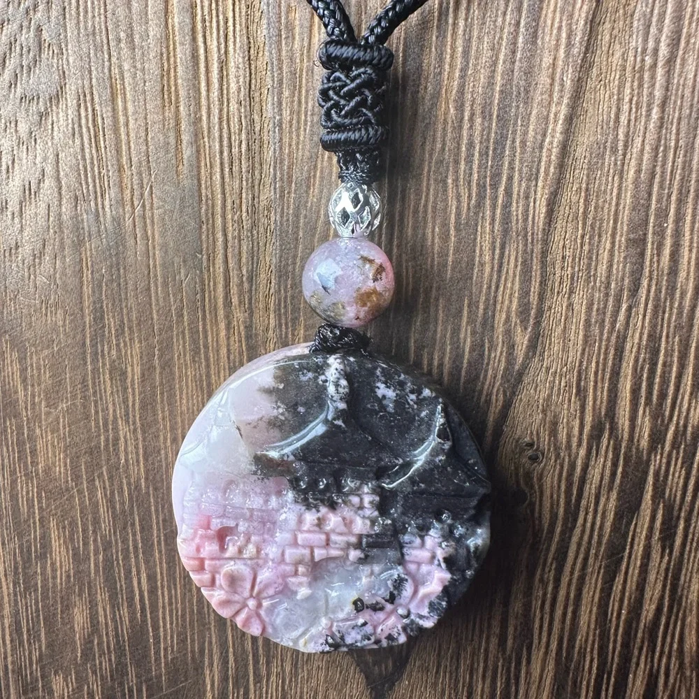 Icy Rhodonite Landscape and Flowers Pendant Necklace on Black Adjustable Rope - Picture 7 of 16